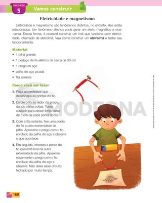 Reprodução
proibida.
Art.184
do
Código
Penal
e
Lei
9.610
de
19
de
fevereiro
de
1998.
160
UNIDADE
Vamos construir
5
Eletricidade e magnetismo
Eletricidade e magnetismo são fenômenos distintos, no entanto, eles estão
relacionados. Um fenômeno elétrico pode gerar um efeito magnético e vice-
-versa. Dessa forma, é possível construir um ímã que funciona com eletrici-
dade, chamado de eletroímã. Veja como construir um eletroímã e testar seu
funcionamento.
Material
• 1 pilha grande
• 1 pedaço de fio elétrico de cerca de 30 cm
• 1 prego de aço
• palha de aço picada
• fita isolante
Como você vai fazer
1. Peça ao professor que
desencape as pontas do fio.
2. Enrole o fio ao redor do prego,
dando várias voltas. Tome
cuidado para deixar livres cerca
de 5 cm de cada ponta do fio.
3. Com a fita isolante, fixe uma ponta
do fio a uma extremidade da
pilha. Aproxime o prego com o fio
enrolado da palha de aço e observe
o que acontece.
4. Em seguida, encoste a ponta do
fio que está livre na outra
extremidade da pilha. Aproxime
novamente o prego com o fio
enrolado da palha de aço e
observe. Não deixe esse circuito
fechado por muito tempo.
PDF_146-175-SA-BUCIE5-M.indd 160 11/1/13 4:23 PM
 