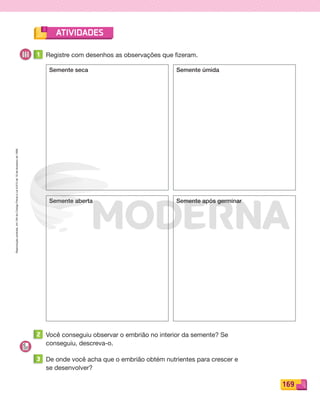 Reprodução
proibida.
Art.184
do
Código
Penal
e
Lei
9.610
de
19
de
fevereiro
de
1998.
169
ATIVIDADES
1 Registre com desenhos as observações que fizeram.
Semente seca
Semente aberta
Semente úmida
Semente após germinar
2 Você conseguiu observar o embrião no interior da semente? Se
conseguiu, descreva-o.
3 De onde você acha que o embrião obtém nutrientes para crescer e
se desenvolver?
PDF_146-175-SA-BUCIE5-M.indd 169 11/1/13 4:27 PM
 