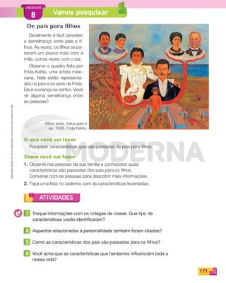 Reprodução
proibida.
Art.184
do
Código
Penal
e
Lei
9.610
de
19
de
fevereiro
de
1998.
171
UNIDADE
Vamos pesquisar
8
ATIVIDADES
De pais para filhos
Geralmente é fácil perceber
a semelhança entre pais e fi-
lhos. Às vezes, os filhos se pa-
recem um pouco mais com a
mãe, outras vezes com o pai.
Observe o quadro feito por
Frida Kahlo, uma artista mexi-
cana. Nele estão representa-
dos os pais e os avós de Frida.
Ela é a criança no centro. Você
vê alguma semelhança entre
as pessoas?
1 Troque informações com os colegas de classe. Que tipo de
características vocês identificaram?
2 Aspectos relacionados à personalidade também foram citados?
3 Como as características dos pais são passadas para os filhos?
4 Você acha que as características que herdamos influenciam toda a
nossa vida?
O que você vai fazer
Pesquisar características que são passadas de pais para filhos.
Como você vai fazer
1. Observe nas pessoas da sua família e conhecidos quais
características são passadas dos pais para os filhos.
Converse com as pessoas para descobrir mais informações.
2. Faça uma lista no caderno com as características levantadas.
Meus avós, meus pais e
eu, 1936. Frida Kahlo.
PDF_146-175-SA-BUCIE5-M.indd 171 11/1/13 4:27 PM
 