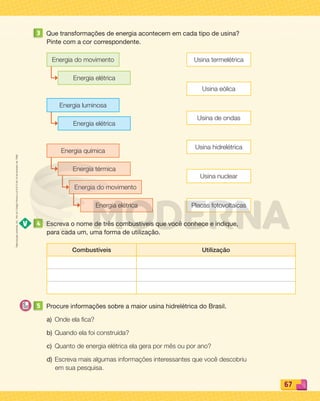 Reprodução
proibida.
Art.
184
do
Código
Penal
e
Lei
9.610
de
19
de
fevereiro
de
1998.
67
3 Que transformações de energia acontecem em cada tipo de usina?
Pinte com a cor correspondente.
4 Escreva o nome de três combustíveis que você conhece e indique,
para cada um, uma forma de utilização.
Combustíveis Utilização
5 Procure informações sobre a maior usina hidrelétrica do Brasil.
a) Onde ela ﬁca?
b) Quando ela foi construída?
c) Quanto de energia elétrica ela gera por mês ou por ano?
d) Escreva mais algumas informações interessantes que você descobriu
em sua pesquisa.
Usina termelétrica
Energia do movimento
Energia elétrica
Energia luminosa
Energia elétrica
Energia química
Energia térmica
Energia do movimento
Energia elétrica
Usina eólica
Usina de ondas
Usina hidrelétrica
Usina nuclear
Placas fotovoltaicas
PDF_054-069-U4-BUCIE5-M.indd 67 10/30/13 12:49 PM
 