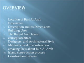 1.    Location of Burj Al Arab
2.    Experience
3.    Description and its Dimensions
4.    Building Uses
5.    The Burj al Arab Island
6.    concept architect
7.    Designers and Architectural Style
8.    Materials used in construction
9.    amazing facts about Burj Al Arab
10.   Island construction process
11.   Construction Process
 