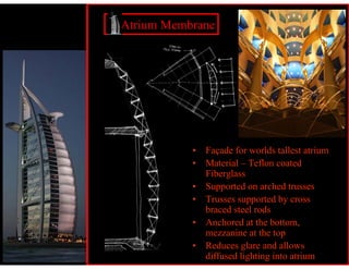 Atrium Membrane




           • Façade for worlds tallest atrium
           • Material – Teflon coated
             Fiberglass
           • Supported on arched trusses
           • Trusses supported by cross
             braced steel rods
           • Anchored at the bottom,
             mezzanine at the top
           • Reduces glare and allows
             diffused lighting into atrium
 