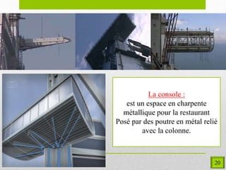 20
La console :
est un espace en charpente
métallique pour la restaurant
Posé par des poutre en métal relié
avec la colonne.
 