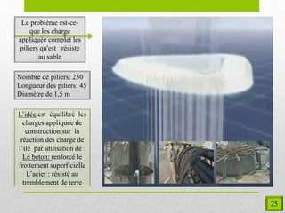 Le problème est-ce-
que les charge
appliquée complet les
piliers qu'est résiste
au sable
Nombre de piliers: 250
Longueur des piliers: 45
Diamètre de 1,5 m
L’idée est équilibré les
charges appliquée de
construction sur la
réaction des charge de
l’ile par utilisation de :
Le béton: renforcé le
frottement superficielle
L’acier : résisté au
tremblement de terre
25
 