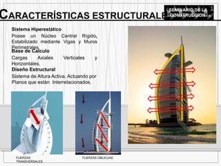 Sistema Hiperestático
Posee un Núcleo Central Rígido,
Estabilizado mediante Vigas y Muros
Perimetrales.
Base de Calculo
Cargas Axiales Verticales y
Horizontales.
Diseño Estructural
Sistema de Altura Activa, Actuando por
Planos que están Interrelacionados.
CARACTERÍSTICAS ESTRUCTURALES
SEMINARIO DE LA
CONSTRUCCION
FUERZAS
TRANSVERSALES
FUERZAS OBLICUAS
 