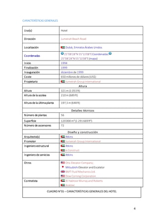 4
CARACTERÍSTICAS GENERALES
Uso(s) Hotel
Dirección JumeirahBeach Road
Localización Dubái, EmiratosÁrabes Unidos
Coordenadas
25°08′28″N 55°11′08″ECoordenadas:
25°08′28″N 55°11′08″E(mapa)
Inicio 1994
Finalización 1999
Inauguración diciembre de 1999
Coste 650 millonesde dólares(US$)
Propietario Jumeirah GroupInternational
Altura
Altura 321 m (1 053 ft)
Altura de la azotea 210 m (689 ft)
Altura de la últimaplanta 197,5 m(648 ft)
Detalles técnicos
Número de plantas 56
Superficie 120 000 m²(1 291 669 ft²)
Número de ascensores 72
Diseño y construcción
Arquitecto(s) Atkins
Promotor Jumeirah GroupInternational
Ingenieroestructural Atkins
e.Construct
Ingenierode servicios Atkins
Otros Otis Elevator Company;
MitsubishiElevator andEscalator
BMT Fluid MechanicsLtd.
Dow Corning Corporation
Contratista Al HabtoorMurray and Roberts
Arabtec
CUADRO N°01 – CARACTERÍSTICAS GENERALES DEL HOTEL
 
