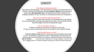 What Makes A Building Symbolic ?
We looked at other Buildings in the World that are symbols to see what they had in
common. We found that they were all totally Unique In Shape and they all have a
simple easily Recognizable Form. We decided that the test to determine if a
building is symbolic is if you can draw it in 5 seconds and every one recognizes it.
Why did you make the hotel like A giant sail ?
Dubai It had to become a world resort location so the building had to say holiday,
fun and sophistication all things associated with yachting. This mixed with Dubai's
nautical heritage it seemed an appropriate shape.
Why is the hotel out of sea ?
It helps to achieve its uniqueness. It looks like a sail / boat.
If it was on shore it would block the sun on the beach in the middle of the day.
Does the hotel stand on a rock ?
The Building is built on sand, which is unusual as most tall building are founded
on rock. The building is supported on 250 X 1.5M diameter columns that go 45
meters under the sea. As there is only sand to hold the building and the columns
rely on friction. Burj Al Arab looks like a sailboat, but its design, however, is based on the
sail of a Dhow, which is a traditional Arabian fishing vessel used for fishing and pearling.
CONCEPT
 