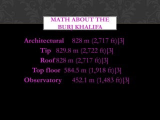 MATH ABOUT THE
         BURJ KHALIFA

Architectural 828 m (2,717 ft)[3]
     Tip 829.8 m (2,722 ft)[3]
     Roof 828 m (2,717 ft)[3]
  Top floor 584.5 m (1,918 ft)[3]
Observatory 452.1 m (1,483 ft)[3]
 