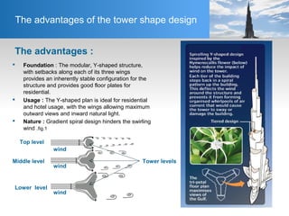 The advantages of the tower shape design
The advantages :
 Foundation : The modular, Y-shaped structure,
with setbacks along each of its three wings
provides an inherently stable configuration for the
structure and provides good floor plates for
residential.
 Usage : The Y-shaped plan is ideal for residential
and hotel usage, with the wings allowing maximum
outward views and inward natural light.
 Nature : Gradient spiral design hinders the swirling
wind .fig.1
Top level
Middle level
Lower level
Tower levels
wind
wind
wind
 