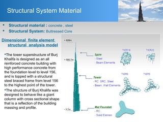 Structural System Material
The tower superstructure of Burj
Khalifa is designed as an all
reinforced concrete building with
high performance concrete from
the foundation level to level 156,
and is topped with a structural
steel braced frame from level 156
to the highest point of the tower.
The structure of Burj Khalifa was
designed to behave like a giant
column with cross sectional shape
that is a reflection of the building
massing and profile.
Dimensional finite element
structural analysis model
 Structural material : concrete , steel
 Structural System: Buttressed Core
+ 828m
+ 585.7m
- 3.7m
 
