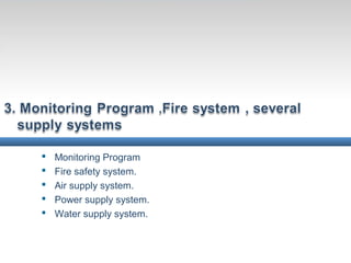  Monitoring Program
 Fire safety system.
 Air supply system.
 Power supply system.
 Water supply system.
 