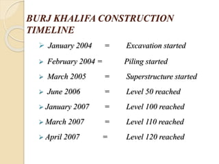 BURJ KHALIFA CONSTRUCTION
TIMELINE
 January 2004 = Excavation started
 February 2004 = Piling started
 March 2005 = Superstructure started
 June 2006 = Level 50 reached
 January 2007 = Level 100 reached
 March 2007 = Level 110 reached
 April 2007 = Level 120 reached
 