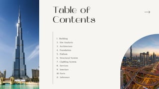 Table of
Contents
1 . Building
2 . Site Analysis
3 . Architecture
4 . Foundation
5 . Podium
6 . Structural System
7 . Cladding System
8 . Services
9 . Interiors
10. Facts
11 . Inference
 