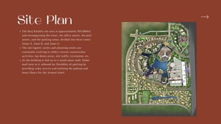 The Burj Khalifa site area is approximately 105,600m2
and encompassing the tower, the office annex, the pool
annex, and the parking areas, divided into three zones
(Zone A, Zone B, and Zone C).
The site logistic works and planning works are
constantly evolving to reflect current construction
activities, lay-down areas, site traffic circulation, etc.
As the building is tied up to a stand-alone mall, Dubai
mall next to it, allowed for flexibility of parking by
providing valey service and utilising the podium and
lower floors for the Armani hotel.
Site Plan
 