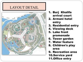 Tower uses
9
7
6
1
7
2
11
3
4
5
8
10
6
7
1. Burj Khalifa
arrival court
2. Armani hotel
entry
3. Residential entry
4. Viewing deck
5. Lake front
promenade
6. Tower garden
7. Water feature
8. Children's play
area
9. Recreation area
10.Service yard
11.Office entry
LAYOUT DETAIL
 