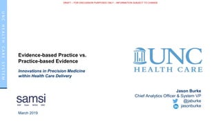 UNCHEALTHCARESYSTEMUNCHEALTHCARESYSTEM DRAFT – FOR DISCUSSION PURPOSES ONLY – INFORMATION SUBJECT TO CHANGE
Evidence-based Practice vs.
Practice-based Evidence
March 2019
Innovations in Precision Medicine
within Health Care Delivery
Jason Burke
Chief Analytics Officer & System VP
@jaburke
jasonburke
 