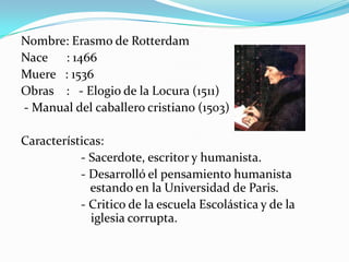PINTURANombre: Alessandro Di Mariano Di Vanini FilipepiNace      : 1445.Muere   :  1510.Obras    :   -La Primavera.		       - Nacimiento de Venus.Características: -Desarrolla la búsqueda y la utilización de modelos Grecolatinos con el objetivo de reconstruir sus formas y el concepto de la perfección.Desarrollo del arte del retrato donde utiliza perspectivas irreales que denotan el alto nivel de creatividad , tiene en cuenta la apariencia (realismo) y el significado (simbolismo).