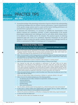 10 Clinical spo rts n utritio n
Practice tips
Nick Wray
A sound knowledge of the physiology and practice of sport is critical to the understanding••
of nutritional strategies that can enhance exercise performance. A good comprehension
of the specific energy systems used in a sport and the factors limiting performance are
essential before appropriate nutritional advice can be given.
To determine this information, it is necessary to establish the characteristics of the••
athlete’s training and competition schedule. A better understanding of the specific
physiological requirements and challenges faced by each athlete allows dietary advice
to be tailored to the athlete and to the situation. The practical aspects of achieving
nutritional goals also need to be considered. Important information for the sports
dietitian to collect to assess the specific nutrition demands and challenges faced by an
athlete is summarized in Tables 1.1 (training) and 1.2 (competition).
Table 1.1  Nutrition for optimal training
This list of questions may help to identify the nutritional requirements and challenges involved in
optimizing the effectiveness of the athlete’s training program.
What are the typical exercise requirements of the athlete’s training schedule? Type of training sessions?••
Frequency? Duration? Intensity? How are training sessions periodized over the week, month, season and
year? What total energy and fuel requirements do such exercise patterns set?
What is the environment in which training sessions are undertaken? What are the typical sweat losses and••
fuel requirements of training sessions? What opportunities are available to consume fluid or foods during
the session? How are such foods or fluids made available?
What are the opportunities to practice competition intake strategies in a training session?••
What are the typical exercise patterns during the off-season or during an injury break?••
How important are body mass and composition to performance in this sport? What are the typical••
characteristics of the physique of elite performances in this sport—body mass, lean body mass, body fat
levels? What is the current physique of the athlete, and what is their history of physique changes? What
is the range of physique characteristics that should allow the athlete to achieve optimal training, and then
competition performances? Will these physique goals be achieved as a result of genetics and training or must
a special dietary program be organized to assist gain of muscle mass and/or loss of body fat?
What is the typical domestic situation in which the athlete lives? Where does the athlete eat most of their••
meals? Who does the cooking?
What are the typical dietary intakes and practices of athletes (or a particular athlete) in this sport?••
What is the risk of the athlete developing any of the following problems:••
–	 iron deficiency (low iron intake, increased iron requirements, increased iron losses)
–	 menstrual dysfunction
–	 compromised bone status
–	 disordered eating
–	 other nutrient deficiencies
Does the athlete undertake special training programs (e.g. altitude training and/or heat acclimatization)?••
Is there direct or indirect evidence that supplementation with ergogenic aids (e.g. creatine, caffeine and••
anti-oxidant vitamins) enhances training adaptation and performance?
What are the practical considerations or difficulties in arranging food intake during a typical training day?••
At what times does the athlete train?••
What other activities need to be timetabled into the day?••
Burke_Ch01.indd 10 10/12/09 11:36:06 AM
 