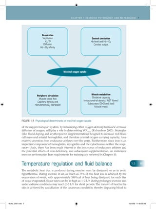 Ch apt er 1 Exercise ph ysiology and metabolism 7
of the oxygen transport system, by influencing either oxygen delivery to muscle or tissue
diffusion of oxygen, will play a role in determining VO2 max
(Richardson 2003). Strategies
(like blood doping and erythropoietin supplementation) designed to increase red blood
cell mass and arterial hemoglobin, and therefore arterial oxygen-carrying capacity, have
received attention from endurance athletes over the years. Furthermore, since iron is an
important component of hemoglobin, myoglobin and the cytochromes within the respi-
ratory chain, there has been much interest in the iron status of endurance athletes and
the potential effects of iron deficiency, and subsequent supplementation, on endurance
exercise performance. Iron requirements for training are reviewed in Chapter 10.
Temperature regulation and fluid balance
The metabolic heat that is produced during exercise must be dissipated so as to avoid
hyperthermia. During exercise in air, as much as 75% of this heat loss is achieved by the
evaporation of sweat, with approximately 580 kcal of heat being dissipated for each liter
of sweat evaporated. Sweat rates can be as high as 1–2 L/h during prolonged exercise and
under extreme conditions may reach 2–3 L/h for short periods. The transfer of heat to the
skin is achieved by vasodilation of the cutaneous circulation, thereby displacing blood to
1.5
Figure 1.4 Physiological determinants of maximal oxygen uptake
Respiration
Ventilation
VA/ Q
Diffusion
HbO2 affinity
Peripheral circulation
Muscle blood flow
Capillary density and
recruitment O2 extraction
Muscle metabolism
Oxidative capacity
(mitochondrial density, %ST fibres)
Substrates (CHO and lipid)
Muscle mass
Central circulation
Hb level and HbO2
Cardiac output
Maximal oxygen uptake
Burke_Ch01.indd 7 10/12/09 11:36:03 AM
 