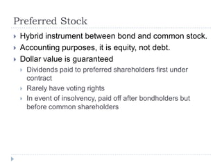 Preferred Stock
   Hybrid instrument between bond and common stock.
   Accounting purposes, it is equity, not debt.
   Dollar value is guaranteed
       Dividends paid to preferred shareholders first under
        contract
       Rarely have voting rights
       In event of insolvency, paid off after bondholders but
        before common shareholders
 