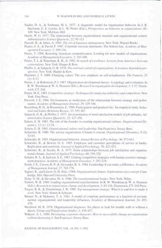 544                      W. WARNER BVRKE AND GEORGE H. LITWIN

Nadler. D. A.. & Tu^hnlan. M. L. 1977. A diagnostic nuKlel for organization behavior. In J. R.
   Hackman. E. E. Lawler. & L. W. Porter (Eds.), Perspectives on behavior in organizations: 85-
    I(H). New York; McGraw-Hill.
Ouchi. W. G. 1977. The relationship hetween organizational structure and organizational control.
  Atiwinistrulive Science Qiuirlerlw 22: 95-113.
Pascale, R.. & Alhos. A. 1981. The iiri of Japanese luantifii'iiieiil. New York: Warner Books.
Pearcc. J. A.. & David. F. 1987. Coiporate mission statements: The bottom line. Acailcmx ofMan-
   aiicment Execiilive. 1: 109-116.
Peters. T. I9SS. Restoring Amcriean competitiveness: Looking lor new models of organizations.
  Academy oj Mamiiiemcni Executive. 2: 103-109.
Peters, T. J.. & Waterman, R. H.. Jr. 19S2. In search of excellence: Lessons from America s best-run
   corporations. New York: Harper & Row.
PIcffer. J.. & Saiancik.G. R. 1978. The external control of ortianizations: A resource dependent per-
   spective. New York: Harper & Row.
Pluniincr, J, T. 1989. Changing alues: The new emphasis on self-aciualization. The Futurist. 23
   n):8-13.
Porras. J., & Robertson, P. J. 1987. Organization development theory: A typology and evaluation. In
   R. W. Woodman & W, A. Pusmore (Eds.). Research in organization development. I: 1-57. Green-
   wieh. CT: JAI.
Porter, M. E. 1985. Competitive stratejiy: Techniijues for analyzin^i industries and competitors. New
   York: Free Press.
Prescott, J. E. 1986. Environments as moderators of the relationship between strategy and perfor-
   mance. Academy of Munafiement Journal. 29: 329-346.
Rosenberg. R. D.. & Rosenstcin. E. 1980, Participation and productivity: An empirical study. Indus-
   trial and hibor Relations Review. 33: 3?,'i-367.
Saiancik.G. R..& Pfeffer. J. 1977. An examination of need satisfaction models of job attitudes. Arf-
  ministrative Science Quarterly. 22: 427-456.
Schein. E. H. 1983. The role of the founder in creating organizational cultures. Ori;anizafiona! Dv-
  namics. 12(1): 13-28.
Schein. E. H. 1985. Organizational culture and leadership. San Francisco: Jossey-Bass.
Schneider. B. 1980. The service organization: Climate is crucial. Ori^anizntirmcil Dynamics, 9 (2):
  32-65.
Schneider. B. 1985. Organizational hchaor. Annual Review of P.wcholo^w 36: 573-611.
Schneider, B., & Bowcn. D. E. 1985. Employee and eustomer perceptions of service in banks:
   Replication and extension. Jounial of Applied Psychology. 70: 423-433.
Schneider, B., & Snyder. R. A. 1975. Some relationships between job satisfactitin and organiza-
   tional climate. Journal of Applied Psych<ihi,i;y. 60: ?• 18-328.
Schulcr. R. S.. & Jackson, S. E. 1987. Linking competitive strategies with human resource manage-
   ment praetices. Academy of Management Executive. 1: 207-219.
Smith. J. E.. Carson. K. P.& Alexander, R. A, 19X4. Leadership: It can make a difference. Academy
   of Management Journal. 27: 765-776.
Tagiuri. R., and Litwin. G. H. (Eds.) 1968. Organizational climate: E.plorations of a concept. Cam-
   bridge. MA: Harvard University Press.
Tichy, N. M.. & Devanna. M. A. 1986. The rransfonnational leader. New York: Wiley.
Torbert. W. R. 19H9. Leading organizational transformation. In R. W. W{>odnuin & W. A. Pasmore
  (Eds.). Research in organization change and development. 3: 83-116. Greenwich. CT: JAI Press.
Tregoe, B. B.. & Zimmerman. J. W. 1980. Top management straleg: What ir i and how to make it
   work. New York: Simon & Schuster.
Weiner. N.. & Mahoney. T. A. 1981. A model of corporate performance as a function of environ-
   mental, organizational, and leadership influences. Academy of Management Journal. 24: 453-
  470.
Weisbord, M. R. 1976. Organizational diagnosis: Six places to look for trouble with or uiihout a
   theory. Gmup and Organiz.ation Studies. 1: 430-447.
Wilkens, A. L. 1989. Developing corporate character: How to successfully change on organization
   without destroying it. San Francisco: Jossey-Bass.


JOURNAL OF MANAGEMENT. VOL. IS,NO.. 1992
 