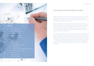 Introduction

4

The Solenoid Valve Market Leader

Across thousands of individual solutions and spanning dynamic conditions
of global competition our mission is to work towards your success. We
have decades of global experience and we have always been positioned at
the forefront of solenoid valve technology.
Bürkert has achieved its position as market leader in fluid control through

Content

constant evolution of core competence in solenoid valve design and manufacture. We do not outsource any part of the development of solenoid

3

Introduction

valve technology. We make every little bit. In house in Germany. Precision coil

4

Fascination Bürkert

winding, accurate molding and unparalleled machining give us an edge

6

Solenoid Valves Overview

8

Direct Acting Valves

Our innovative approach to your success is to secure your process efficiency,

20

Servo Assisted Valves

lower your downtime, increase your safety and boost your competitive ad-

32

Materials of Construction

34

Approvals

consultation, engineering support, selection and commissioning. Everyone in

36

Service Promise

our organisation is interested in listening to you with the aim of presenting

38

Selection Guide

38



Water and Neutral Liquids

40

Neutral Gases

42

 brasive and Chemically Aggressive Fluids
A

44

S
 team and High Pressure

46

Accessories

48

System Solutions

50

Contacts at Bürkert

which becomes your advantage.

vantage. We intend to collaborate with you where we can share our solenoid
valve experience. All of our combined knowledge is available to you through

you with only the most appropriate solution fluently in your daily application
language.

 