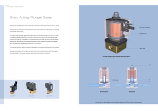 13

Bürkert | Solenoid Valves

Bürkert | Solenoid Valves

14

Direct Acting: Plunger 3-way
These valves have three ports and two seats. One valve seat is always open while the other is closed.
Electrical connection
These valves can be used to mix and distribute, and are often used with compressed air to pilot larger
pneumatically driven valves.
Solenoid coil
A normally closed 3/2-way valve does not allow flow from the pressure port (P) to the A port when
no voltage is applied but the A port is directly connected to the R port. In this de-energized state,
a strong conical spring, acting against the media pressure from under the seat, forces the plunger
onto the seat. When the coil is energized, the plunger is pulled upwards and allows flow between
the P port and A and simultaneously closes the A to R channel.
The maximum pressure rating of the valve is dependent on the spring force and the orifice diameter.

Valve body

Normally open variants use the upper port at the top of the coil as the pressure inlet, which leads
to the advantage of the pivoted armature valves which have all ports in one plane.
3/2-way plunger-type solenoid valve type 6014

R

P
A

Valve seats

De-energized
Type 6012

Type 6014

Energized

Type 0355

You can find the 3D-animation of this functional schema in the PDF version of this brochure.

 