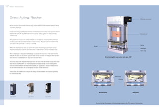 17

Bürkert | Solenoid Valves

Bürkert | Solenoid Valves

Direct Acting: Rocker

Electrical connection

Rocker armatures demonstrate extremely high cycle life and are constructed both with and without
an isolating diaphragm.
In each case energy applied to the coil moves a horizontal, low mass rocker moves around a fulcrum
between the seats with very little frictional consequences, sealing against one of two vertically

Solenoid coil

oriented seats.
This operational concept works well for both 2/2-way and 3/2-way versions and the system also
provides a reasonable amount of resistance to back-pressure. All ports are accommodated in the
same plane in the valve body or in-line on a manifold.

Spring

Rocker
Without the diaphragm the valves are used for the control of neutral gases and liquids and are

Diaphragm

frequently employed as a pilot for pneumatic valves in both hazardous and non-hazardous areas.

Valve body

When a diaphragm is integrated into the design, to separate the mechanics of the valve from the
fluid path, the valve can be used for agressive fluids and as such they are employed either as stand
alone valves or as isolated pilots for larger servo assisted valves.

Direct acting 3/2-way rocker valve type 0127

The rocker design with integrated diaphragm forms the basis of the MicroFluidic range where small
dead volumes and flushability are of prime importance. Compact design and low heating effect
from the small but efficient coil enhance the suitability for aggressive or ultra-pure media and this
can be further enhanced by the use of impulse coils or by booster electronics.
These valves are available in AC, DC and UC voltages and are available with explosion protection
Ex-i (intrinsically safe).
Valve seats
Fulcrum

De-energized
Type 6128

Type 0127

18

Energized

Type 6606

You can find the 3D-animation of this functional schema in the PDF version of this brochure.

 