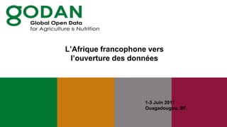 L’Afrique francophone vers
l’ouverture des données
1-3 Juin 2017
Ouagadougou, BF.
 