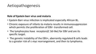 Aetiopathogenesis
Role of Epstein barr virus and malaria
• Epstein Barr virus infection is implicated especially African BL.
• Chronic exposure of infants to malaria results in immunosuppression
which permits the proliferation of EBV- transformed cell.
• The lymphocytes have receptors(C 3d-like) for EBV and are its
specific target.
• The genetic instability of the EBV+, aberrantly regulated B cells leads
to a greater risk of c-myc rearrangement, and then to lymphoma.
 