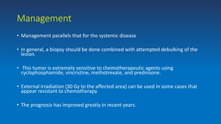 Management
• Management parallels that for the systemic disease
• In general, a biopsy should be done combined with attempted debulking of the
lesion.
• This tumor is extremely sensitive to chemotherapeutic agents using
cyclophosphamide, vincristine, methotrexate, and prednisone.
• External irradiation (30 Gy to the affected area) can be used in some cases that
appear resistant to chemotherapy
• The prognosis has improved greatly in recent years.
 