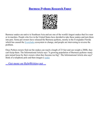 Burmese Pythons Research Paper
Burmese snakes are native to Southeast Asia and are one of the world's largest snakes that live near
or in marshes. People who live in the United States have decided to take these snakes and turn them
into pets. Some pet owners have released the Burmese pythons, mostly in the Everglades Florida
which has caused the Everglades ecosystem to change, and people are intervening to reverse the
problem.
Once Python owners find out the snakes can reach a length of 23 feet and can weight a 200lb, they
can't keep them. The Informational Article says "A growing population of Burmese pythons–many
pets turned loose by their owners when they become too big". The Informational Article also says"
think of a telephone pole and then imagen a snake
... Get more on HelpWriting.net ...
 