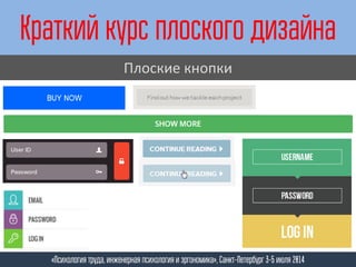 Краткий курс плоского дизайна
«Психология труда, инженерная психология и эргономика», Санкт-Петербург 3-5 июля 2014
Плоские кнопки
 