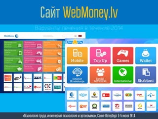 Планируемые работы
«Психология труда, инженерная психология и эргономика», Санкт-Петербург 3-5 июля 2014
Экспериментальное исследование в рамках
первого этапа работ по гранту РФФИ № 14-06-
00371 «Интегральная оценка распределения
функциональных ресурсов пользователя при
решении поисковых задач в Интернет-среде»:
сравнение объективных результатов работы
пользователя, окуломоторики, физиологических
реакций и эмоционального состояния при
взаимодействии с сайтами, выполненными в
традиционном и плоском дизайне.
 