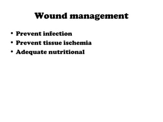 Wound management
• Prevent infection
• Prevent tissue ischemia
• Adequate nutritional
 