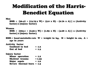 Modification of the Harris-
Benedict Equation
Men
BMR = [66.47 + (13.75 x W) + (5.0 x H) - (6.76 x A) ] x (Activity
factor) x (injury factor)
Women
BMR = [665.1 + (9.56 x W) + (1.85 x H) - (4.68 x A) ] x (Activity
factor) x (injury factor)
BMR = basal metabolic rate W = weight in kg, M = height in cm, A =
age in years
Activity factor
Confined to bed = 1.2
Out of bed = 1.3
Injury factor
Minor operation = 1.2
Skeletal trauma = 1.35
Major sepsis = 1.6
Severe thermal burn = 1.5
 