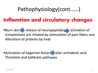 Pathophysiology(cont……)
Inflamtion and circulatory changes
Burn skin release of neuropeptides activation of
Complement are intiated by stimulation of pain fibers and
Alteration of proteins by heat
Activation of hageman factor alter archidonic acid
Thrombin and kallikrein pathways
10/22/2016 15
 