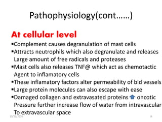 Pathophysiology(cont……)
At cellular level
Complement causes degranulation of mast cells
Attracts neutrophils which also degranulate and releases
Large amount of free radicals and proteases
Mast cells also releases TNF@ which act as chemotactic
Agent to inflamatory cells
These inflamatory factors alter permeability of bld vessels
Large protein molecules can also escape with ease
Damaged collagen and extravasated proteins oncotic
Pressure further increase flow of water from intravascular
To extravascular space10/22/2016 16
 