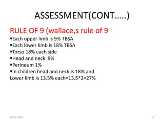 ASSESSMENT(CONT…..)
RULE OF 9 (wallace,s rule of 9
Each upper limb is 9% TBSA
Each lower limb is 18% TBSA
Torso 18% each side
Head and neck 9%
Perineum 1%
In children head and neck is 18% and
Lower limb is 13.5% each=13.5*2=27%
10/22/2016 19
 