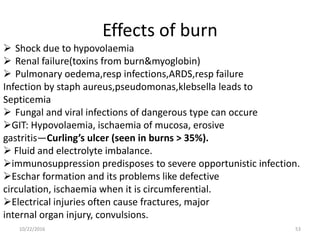 Effects of burn
 Shock due to hypovolaemia
 Renal failure(toxins from burn&myoglobin)
 Pulmonary oedema,resp infections,ARDS,resp failure
Infection by staph aureus,pseudomonas,klebsella leads to
Septicemia
 Fungal and viral infections of dangerous type can occure
GIT: Hypovolaemia, ischaemia of mucosa, erosive
gastritis—Curling’s ulcer (seen in burns > 35%).
 Fluid and electrolyte imbalance.
immunosuppression predisposes to severe opportunistic infection.
Eschar formation and its problems like defective
circulation, ischaemia when it is circumferential.
Electrical injuries often cause fractures, major
internal organ injury, convulsions.
10/22/2016 53
 