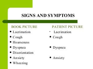 SIGNS AND SYMPTOMS
BOOK PICTURE
 Lacrimation
 Cough
 Hoarseness
 Dyspnea
 Disorientation
 Anxiety
 Wheezing
PATIENT PICTURE
• Lacrimation
 Cough
 Dyspnea
 Anxiety
 