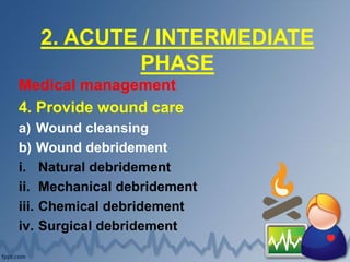2. ACUTE / INTERMEDIATE
PHASE
Medical management
4. Provide wound care
a) Wound cleansing
b) Wound debridement
i. Natural debridement
ii. Mechanical debridement
iii. Chemical debridement
iv. Surgical debridement
 