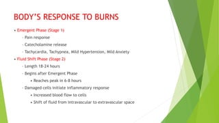 BODY’S RESPONSE TO BURNS
• Emergent Phase (Stage 1)
– Pain response
– Catecholamine release
– Tachycardia, Tachypnea, Mild Hypertension, Mild Anxiety
• Fluid Shift Phase (Stage 2)
– Length 18-24 hours
– Begins after Emergent Phase
• Reaches peak in 6-8 hours
– Damaged cells initiate inflammatory response
• Increased blood flow to cells
• Shift of fluid from intravascular to extravascular space
 