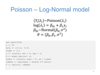 Poisson – Log-Normal model
set.seed(1234)
n <- 50
beta <- c(1.8, -0.9)
sigma <- 0.2
x <- runif(n, min = 0, max = 1)
X <- m...