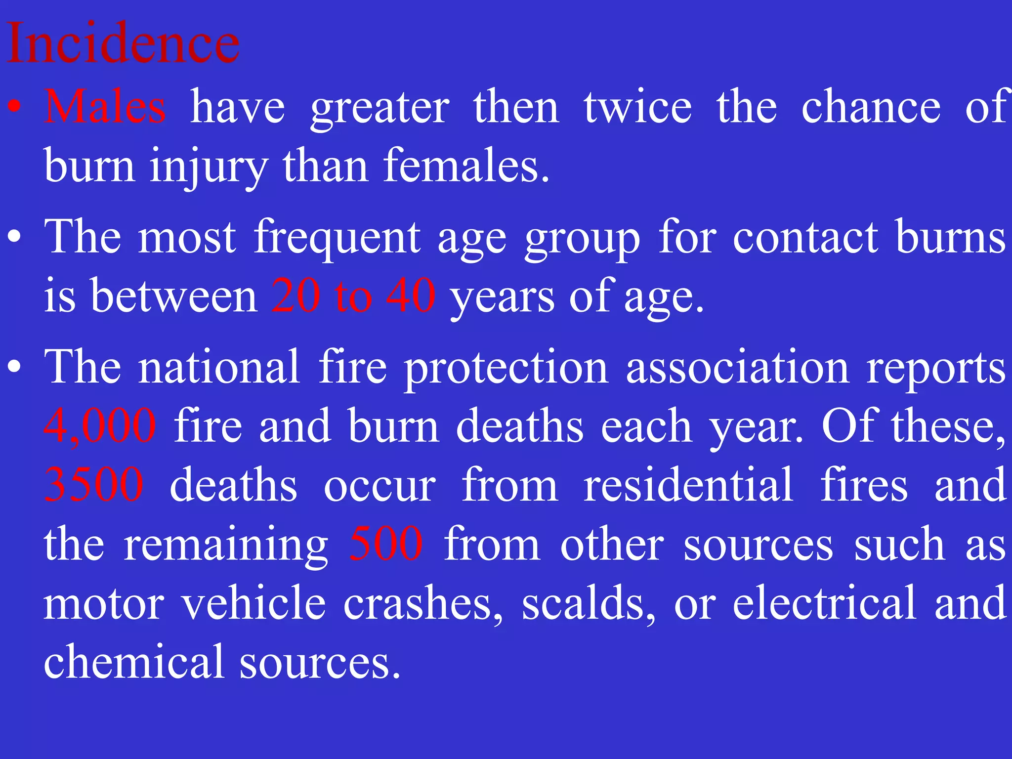 Incidence
• Males have greater then twice the chance of
burn injury than females.


• The most frequent age group for contact burns
is between 20 to 40 years of age.


• The national fire protection association reports
4,000 fire and burn deaths each year. Of these,
3500 deaths occur from residential fires and
the remaining 500 from other sources such as
motor vehicle crashes, scalds, or electrical and
chemical sources.
 