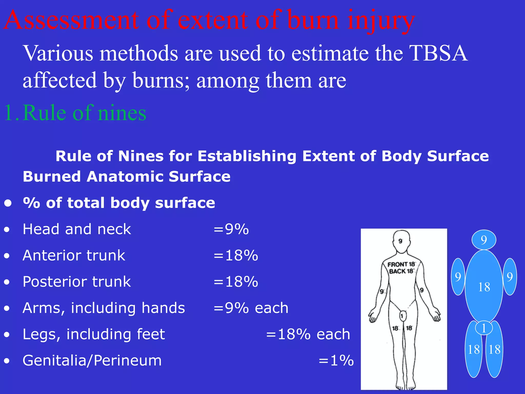 Assessment of extent of burn injury
	
Various methods are used to estimate the TBSA
affected by burns; among them are


1.Rule of nines


	
	
Rule of Nines for Establishing Extent of Body Surface
Burned Anatomic Surface


• % of total body surface


• Head and neck
	
	
=9%


• Anterior trunk
	
	
=18%


• Posterior trunk
	
	
=18%


• Arms, including hands
	
=9% each


• Legs, including feet
	
	
=18% each


• Genitalia/Perineum
	
	
	
=1%
9
18
9
18
9
18
1
 