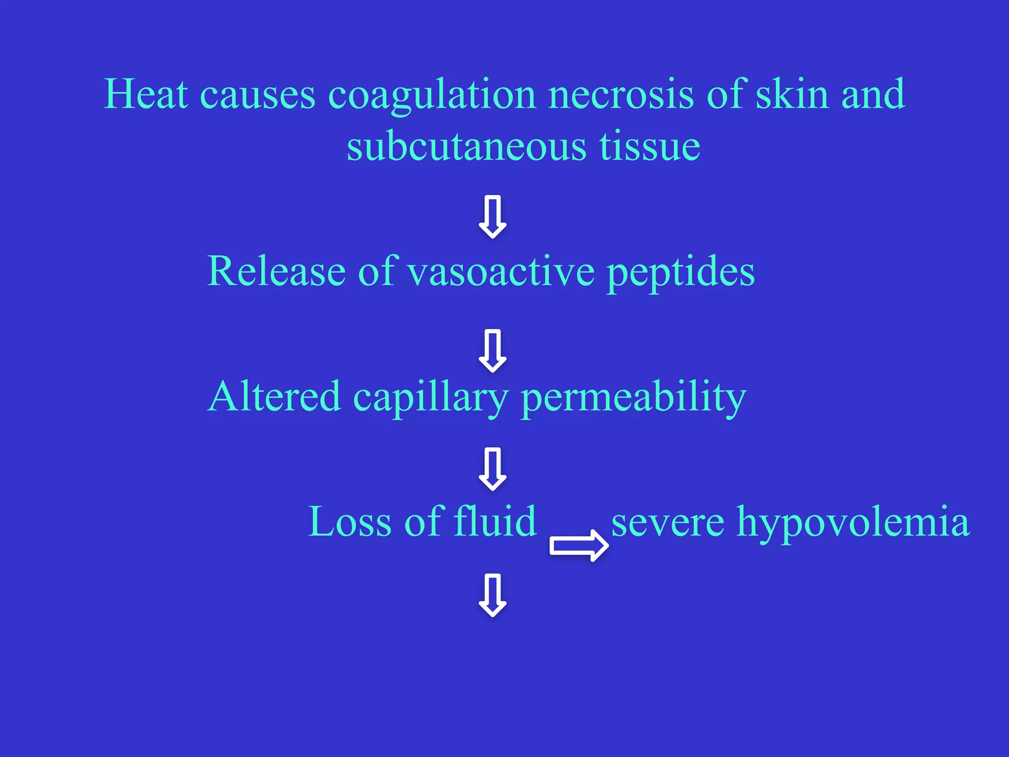 Heat causes coagulation necrosis of skin and
subcutaneous tissue


	
	
	
Release of vasoactive peptides


	
	
	
Altered capillary permeability


	
	
	
	
Loss of fluid	
severe hypovolemia
 