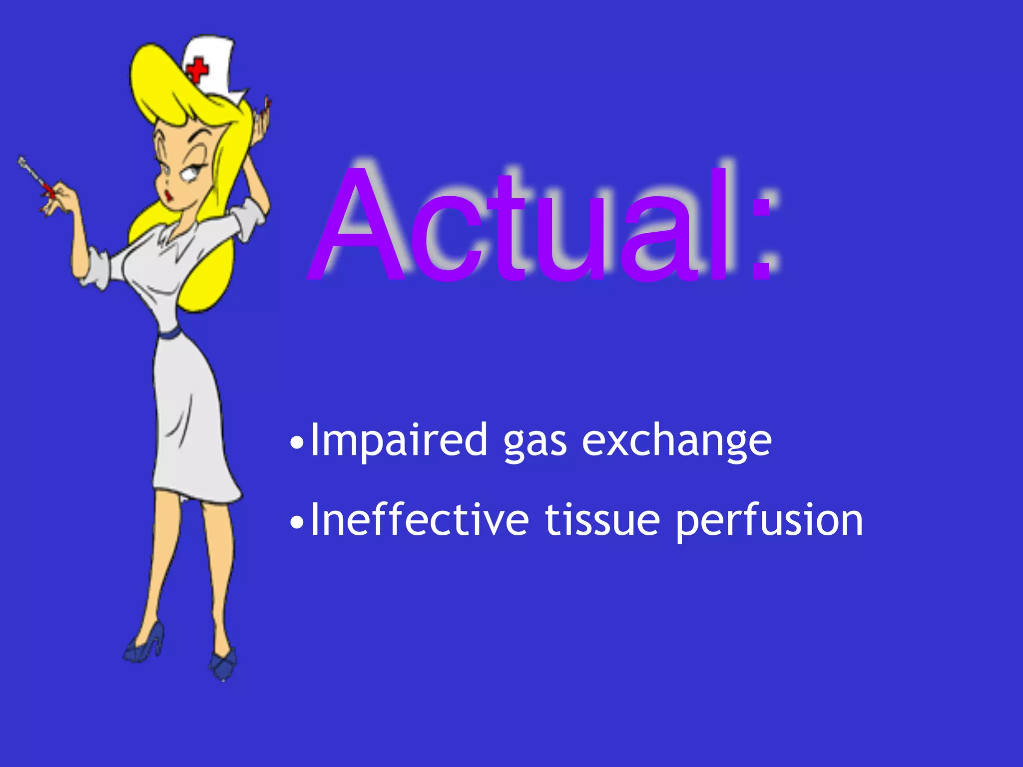 Actual:
•Impaired gas exchange


•Ineffective tissue perfusion


 