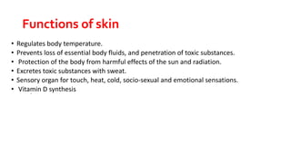 Functions of skin
• Regulates body temperature.
• Prevents loss of essential body fluids, and penetration of toxic substances.
• Protection of the body from harmful effects of the sun and radiation.
• Excretes toxic substances with sweat.
• Sensory organ for touch, heat, cold, socio-sexual and emotional sensations.
• Vitamin D synthesis
 Outer cells are dead
• Epidermis and Dermis
: Epidermis and Dermis
• 15% of body weight ,It is not a passive organ.
 