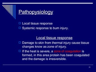 Pathopysiology Local tissue response Systemic response to burn injury. Local tissue response Damage to skin from thermal injury cause tissue changes know as zone of injury. If the heat is severe, a  zone of coagulation  is formed, in this area protein has been coagulated and the damage is irresversible. 